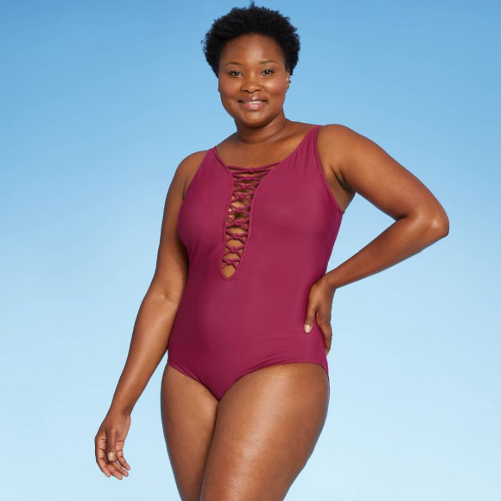 20W Plus Size Aqua Green Burgundy Lace-up Knot One Piece Swimsuit Swimwear